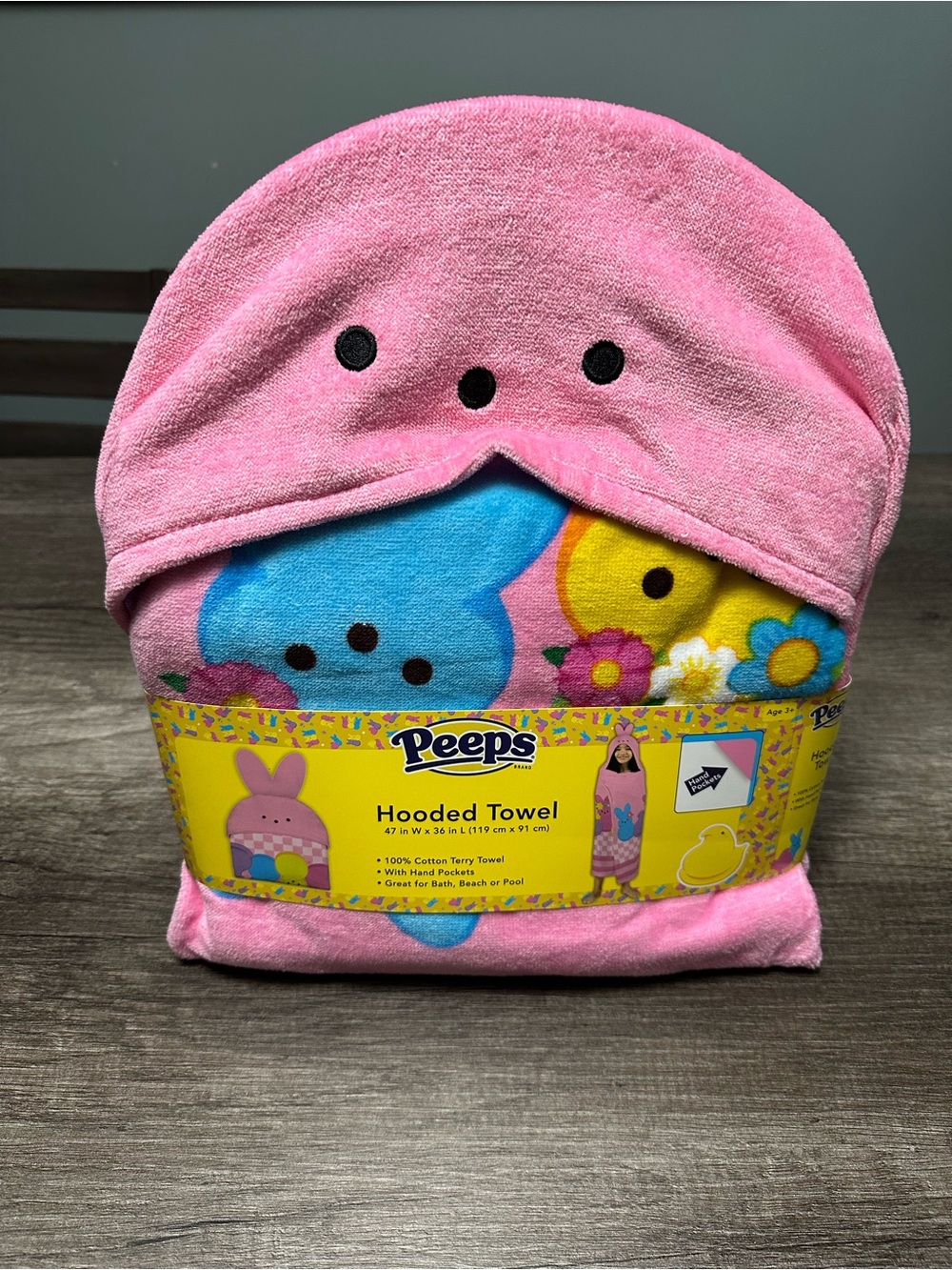 Peeps Pink Hooded Kids Towel with Bright Chick Design